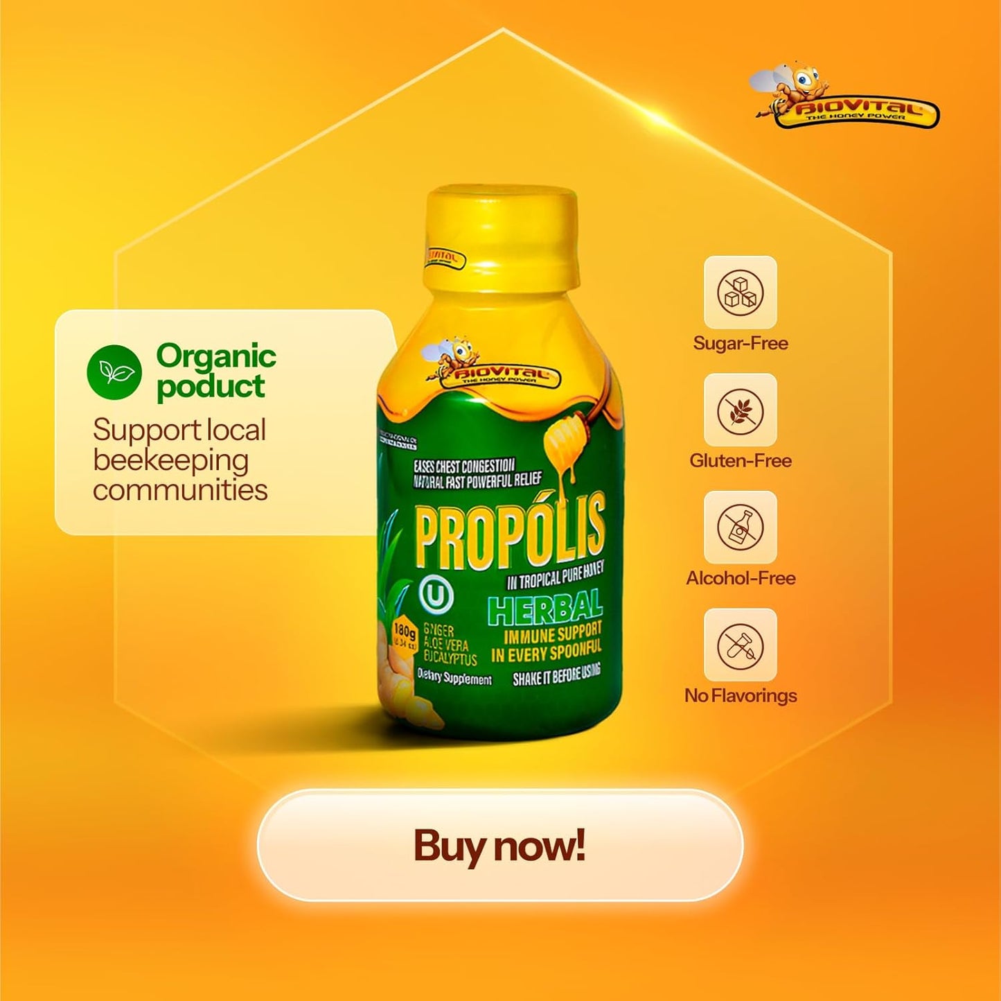 ADULTS - BIOVITAL COUGH SYRUP WITH PROPOLIS & PURE TROPICAL HONEY 180G