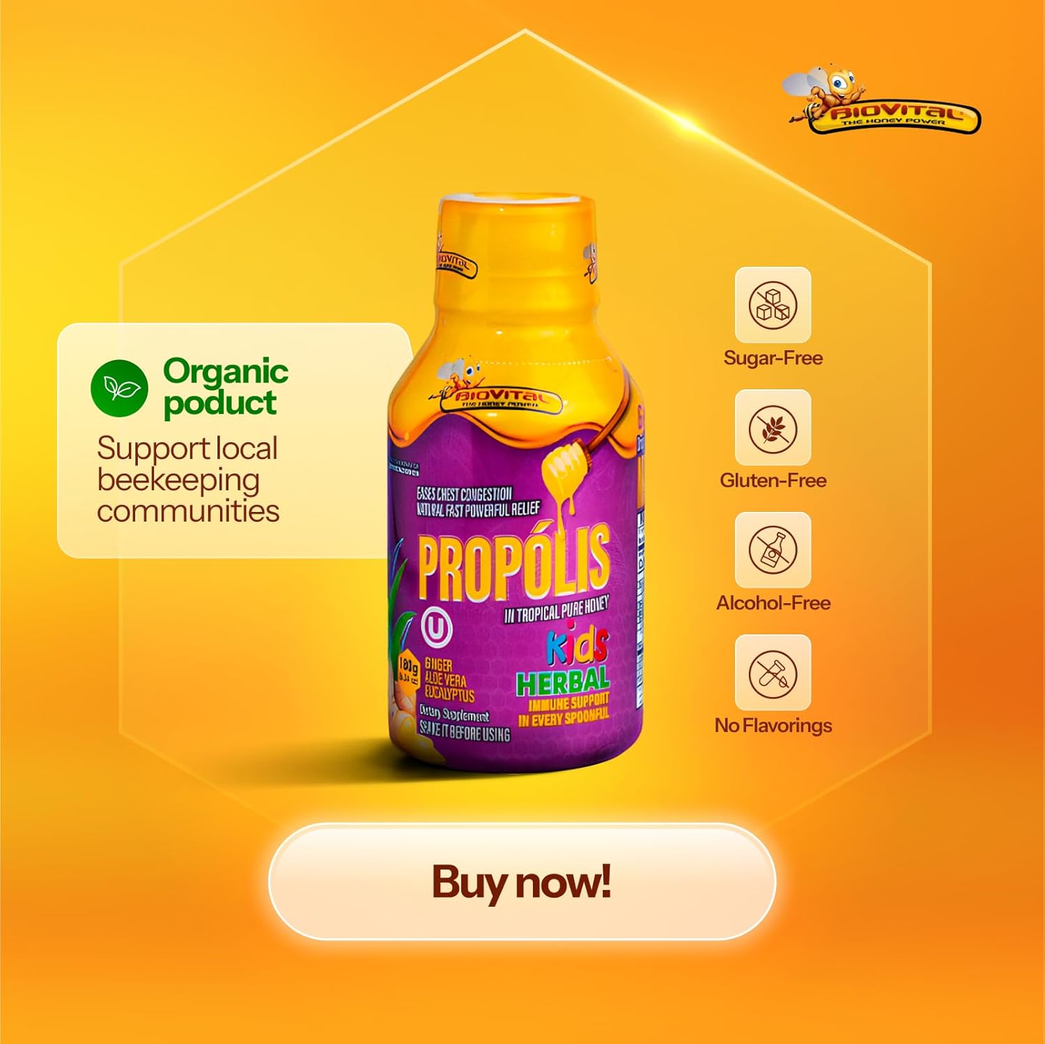 KIDS - BIOVITAL COUGH SYRUP WITH PROPOLIS & PURE TROPICAL HONEY 180G